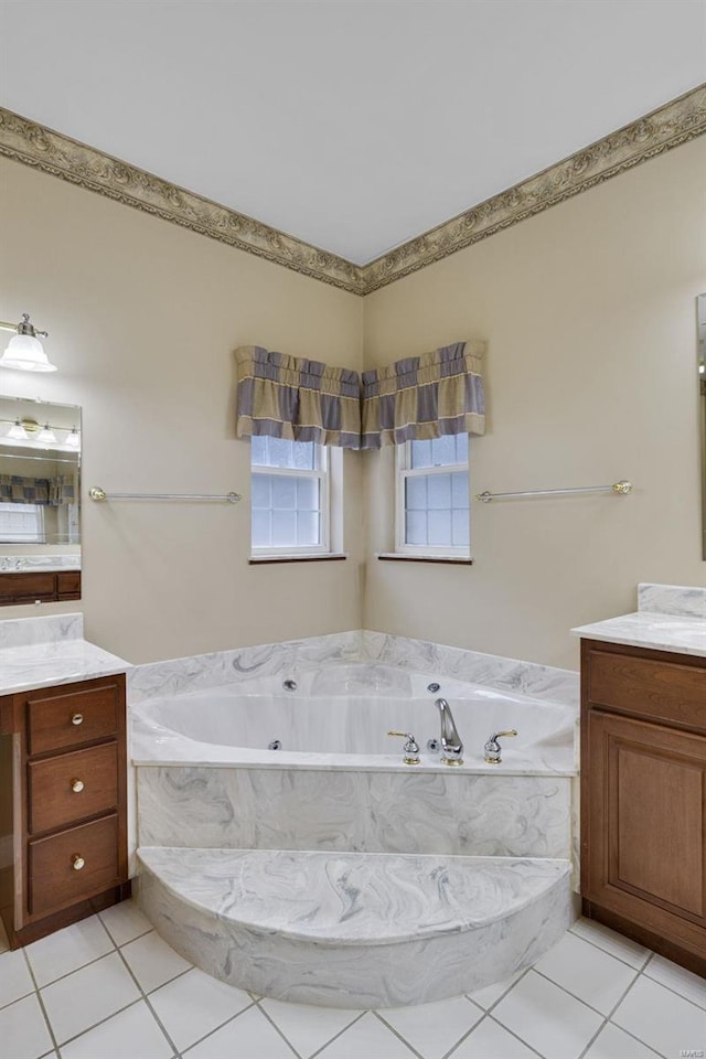 full bath with vanity, crown molding, a bath, and tile patterned flooring