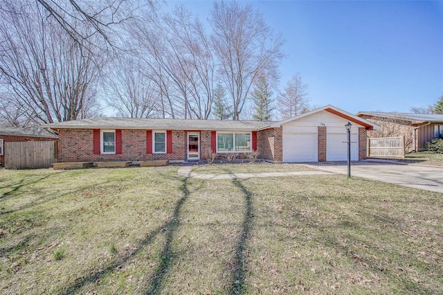 ranch-style house featuring brick siding, a front lawn, fence, driveway, and an attached garage