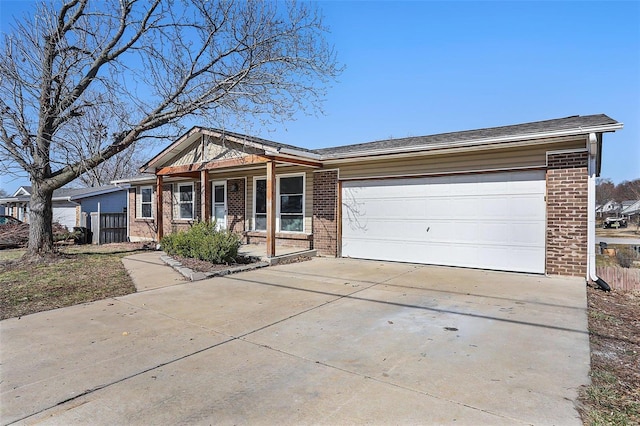 ranch-style house with brick siding, concrete driveway, a garage, and fence