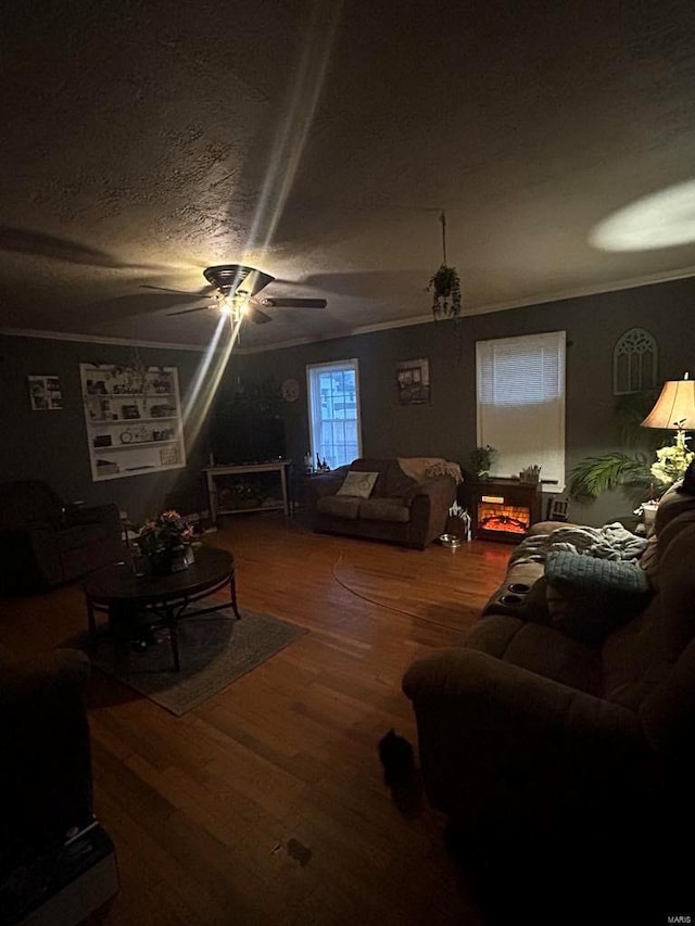 living area featuring a textured ceiling, wood finished floors, and crown molding