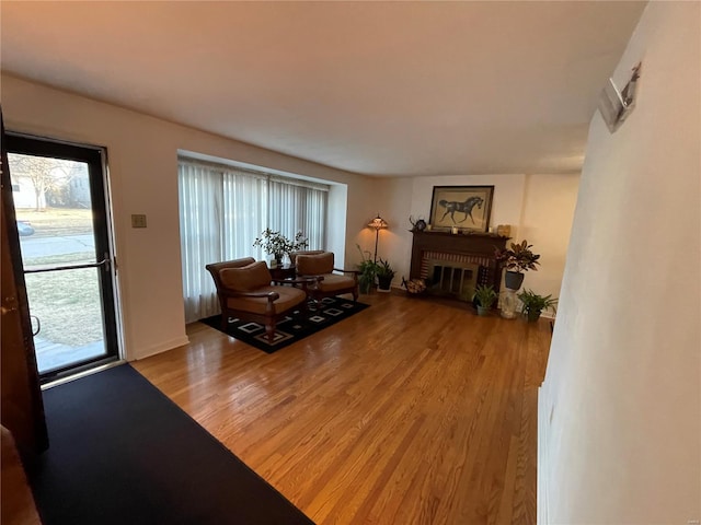 living area with wood finished floors and a fireplace