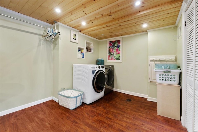 washroom with wood finished floors, baseboards, laundry area, wood ceiling, and independent washer and dryer