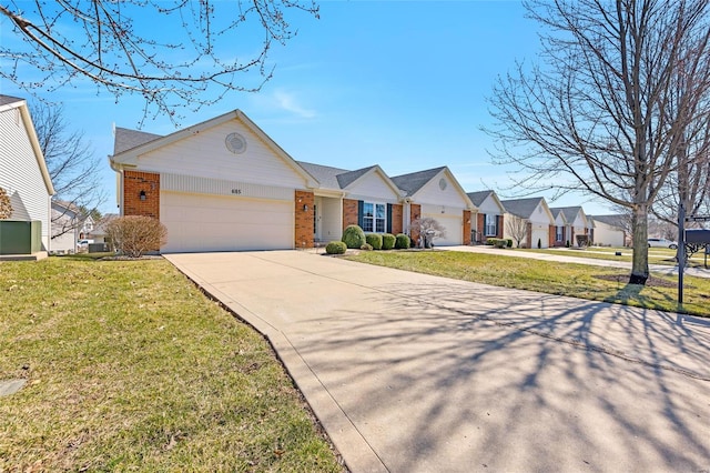 ranch-style house with brick siding, a front lawn, a residential view, concrete driveway, and an attached garage