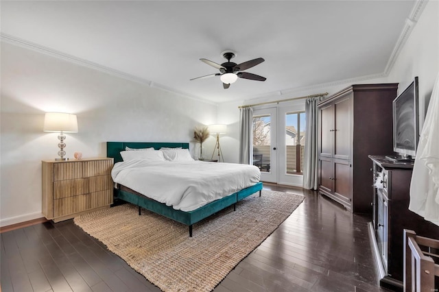 bedroom with crown molding, baseboards, french doors, access to outside, and dark wood-style flooring