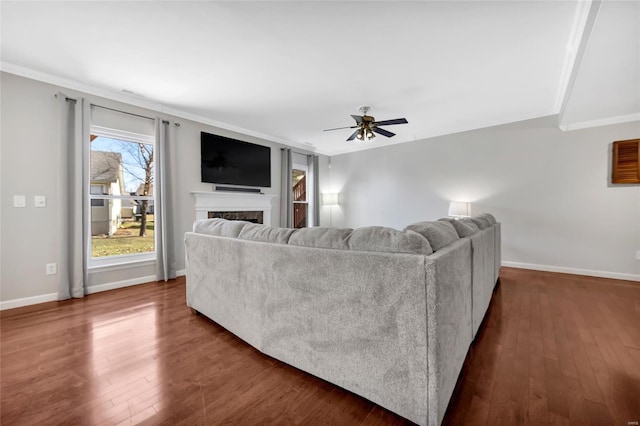 living room featuring a ceiling fan, dark wood-type flooring, ornamental molding, and a fireplace