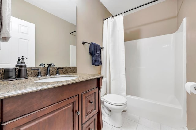 full bathroom featuring tile patterned flooring, shower / bath combo with shower curtain, toilet, and vanity