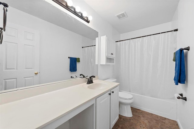 bathroom featuring visible vents, shower / bathtub combination with curtain, toilet, and vanity