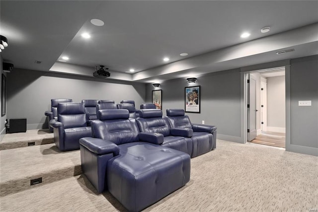 cinema with recessed lighting, baseboards, and carpet