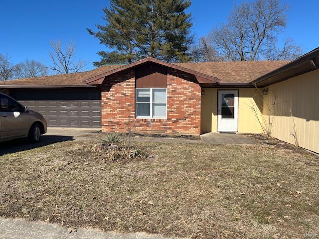 view of property exterior with a garage, brick siding, and roof with shingles