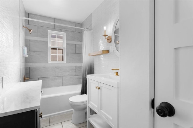 full bathroom with vanity, toilet, tub / shower combination, and tile patterned flooring