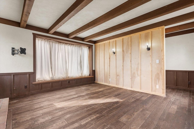 spare room with beam ceiling, wooden walls, wainscoting, and wood-type flooring