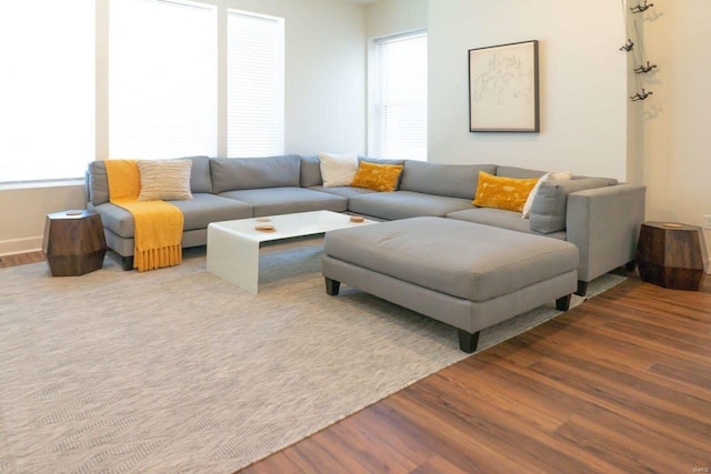 living room with plenty of natural light and wood finished floors