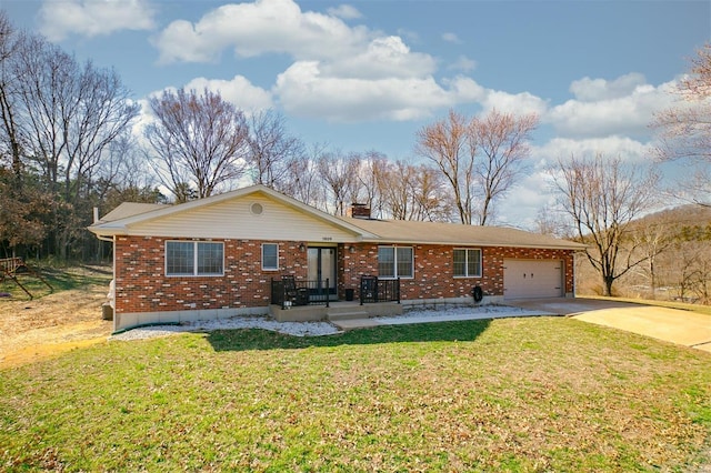 ranch-style house with brick siding, a front lawn, concrete driveway, a chimney, and an attached garage