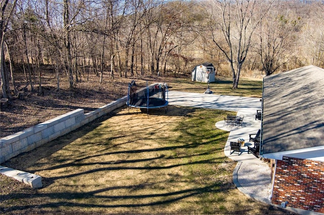 view of yard with an outbuilding, a trampoline, and a shed