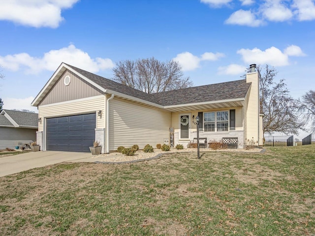 single story home with a front lawn, fence, concrete driveway, a chimney, and a garage