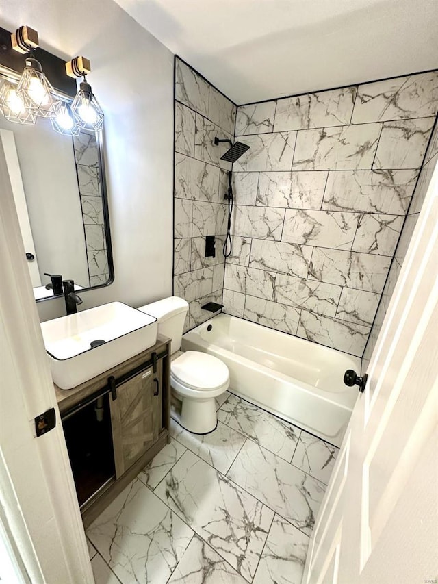 full bathroom with tub / shower combination, toilet, marble finish floor, and vanity