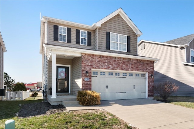 view of front of house featuring brick siding, concrete driveway, an attached garage, and fence