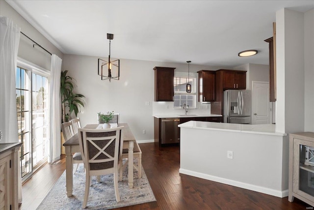 kitchen featuring plenty of natural light, stainless steel appliances, dark wood-type flooring, and a sink