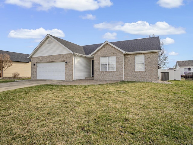 single story home featuring brick siding, an attached garage, concrete driveway, and a front lawn