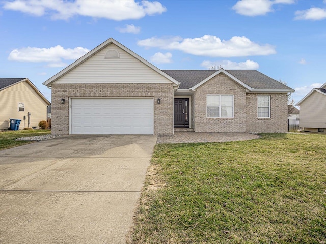 single story home with brick siding, a garage, concrete driveway, and a front yard