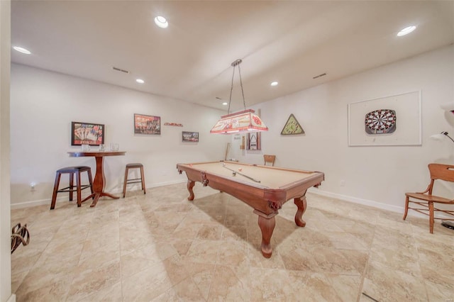 playroom with recessed lighting, visible vents, baseboards, and pool table