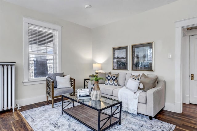 living room with baseboards, wood finished floors, and radiator heating unit