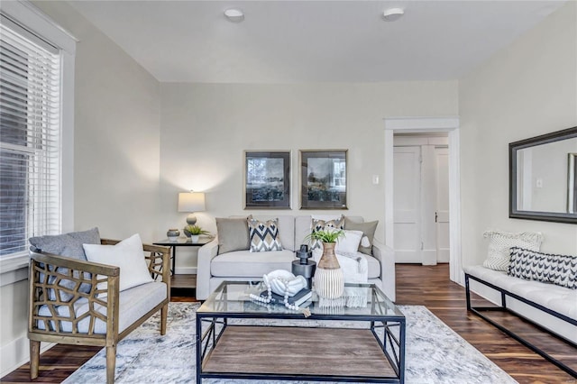 living room with baseboards and wood finished floors