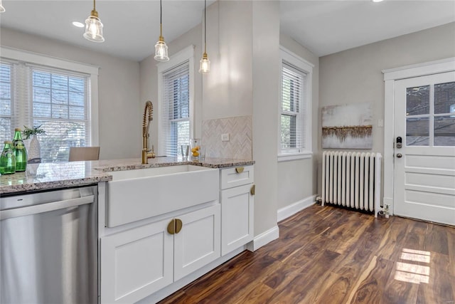 kitchen featuring radiator, light stone countertops, dark wood finished floors, a sink, and dishwasher