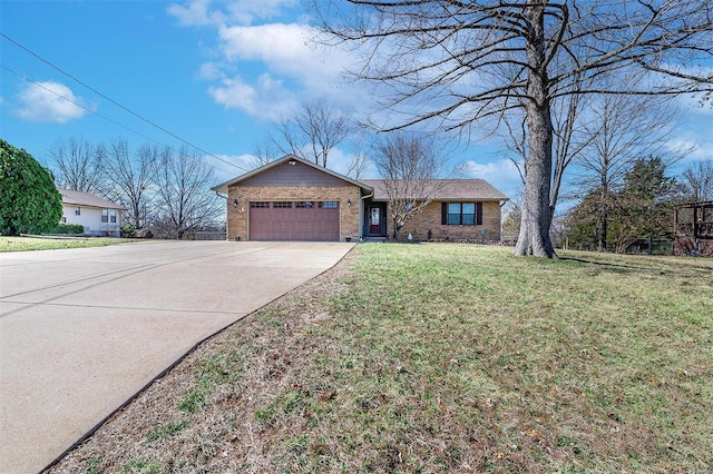 ranch-style house with brick siding, driveway, an attached garage, and a front lawn