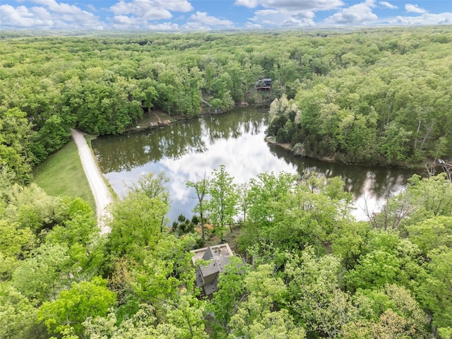 birds eye view of property with a water view and a view of trees