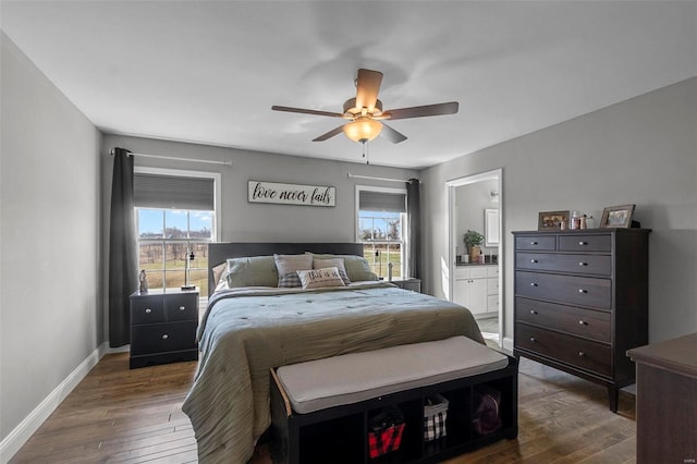 bedroom featuring baseboards, multiple windows, dark wood finished floors, and ensuite bathroom