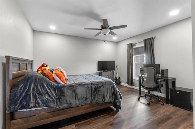 bedroom featuring recessed lighting, ceiling fan, baseboards, and wood finished floors