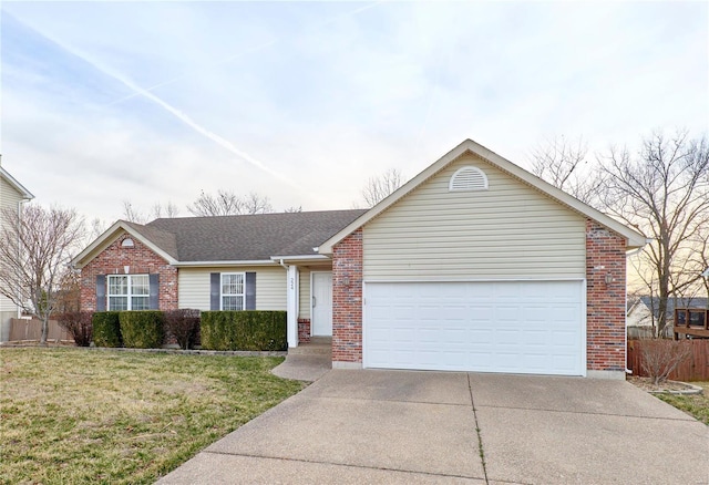 single story home featuring concrete driveway, an attached garage, brick siding, and a front yard