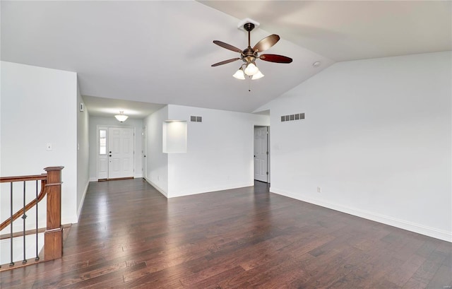 unfurnished living room featuring visible vents, lofted ceiling, wood finished floors, and a ceiling fan