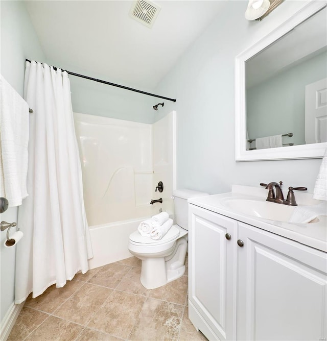 full bathroom featuring tile patterned flooring, visible vents, toilet, shower / tub combo, and vanity