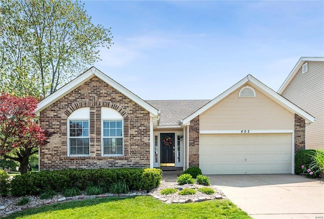 view of front facade with concrete driveway, a garage, brick siding, and a shingled roof