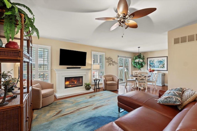 living room featuring a glass covered fireplace, wood finished floors, visible vents, and ceiling fan