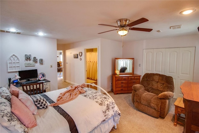 bedroom featuring visible vents, recessed lighting, ceiling fan, a closet, and light colored carpet