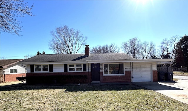 ranch-style home featuring a front yard, an attached garage, driveway, and a chimney