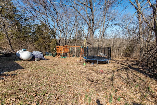 view of yard featuring a playground and a trampoline