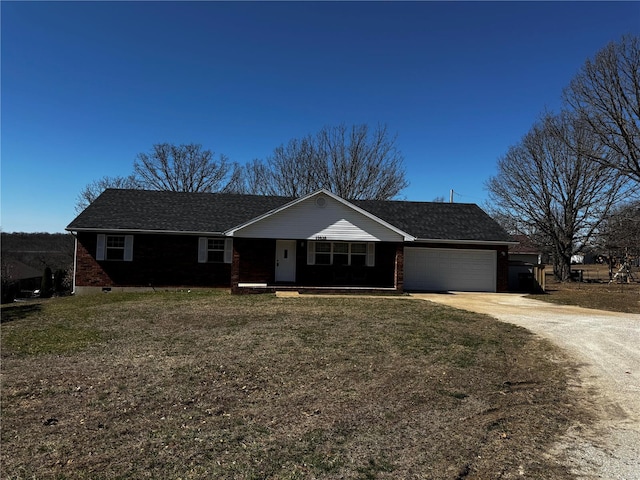 single story home featuring a garage, a porch, dirt driveway, a front yard, and crawl space