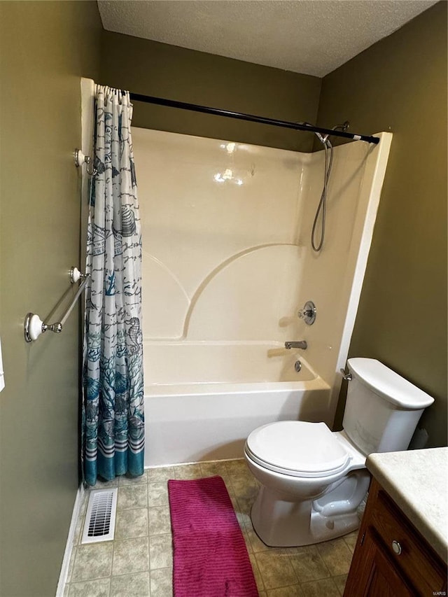 bathroom with visible vents, toilet, vanity, a textured ceiling, and shower / bathtub combination with curtain