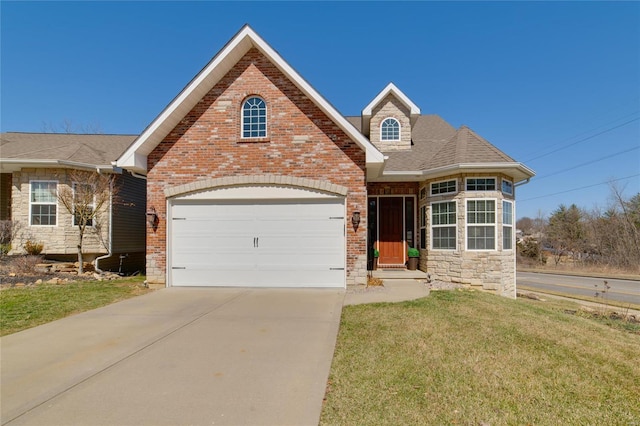 traditional home featuring a front yard, brick siding, driveway, and a shingled roof