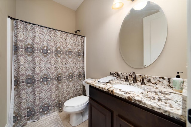 full bathroom featuring vanity, a shower with shower curtain, toilet, and tile patterned flooring