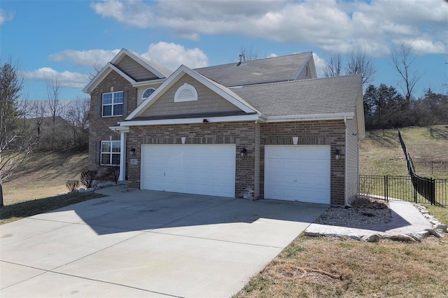 view of front of house featuring fence, roof with shingles, an attached garage, concrete driveway, and brick siding