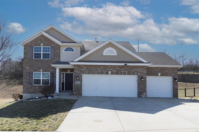 view of front facade featuring brick siding, an attached garage, driveway, and fence