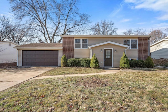 view of front facade featuring brick siding, a garage, concrete driveway, and a front lawn