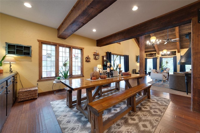 dining area featuring an inviting chandelier, recessed lighting, a textured wall, and dark wood-style flooring