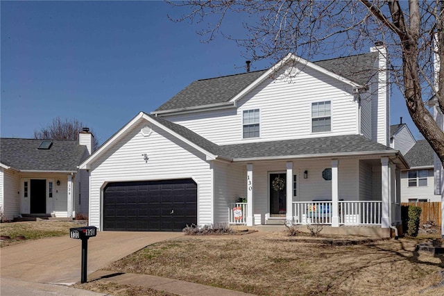 view of front of home featuring a shingled roof, covered porch, a chimney, driveway, and an attached garage