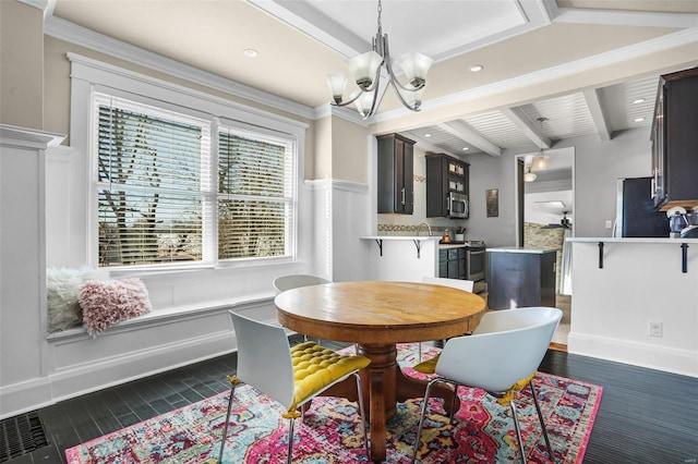 dining space featuring baseboards, beam ceiling, a chandelier, and dark wood-style flooring